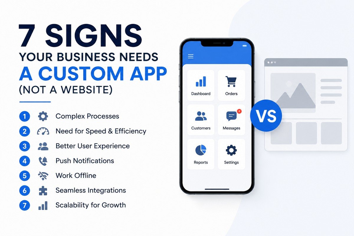 signs your business needs a custom app diagram showing repeat customers, manual tasks, offline access and push notifications